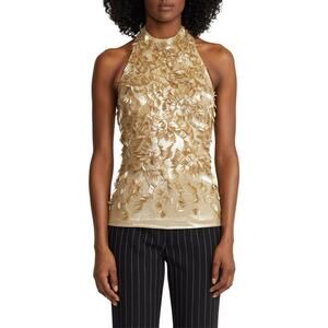 Ralph Lauren Purple Label Women's 8 Gold Annike Halter Embellished Blouse EUC